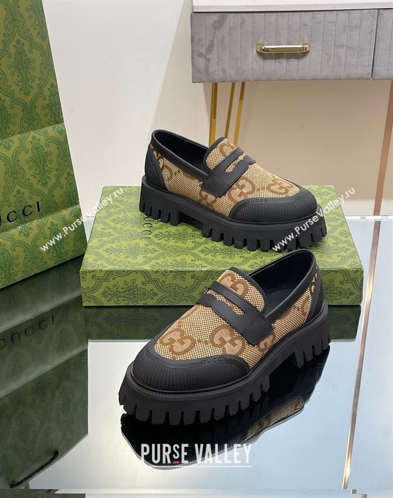 Gucci Loafers in Leather and Maxi GG Canvas Camel 2024 081402 (SS-240814087)