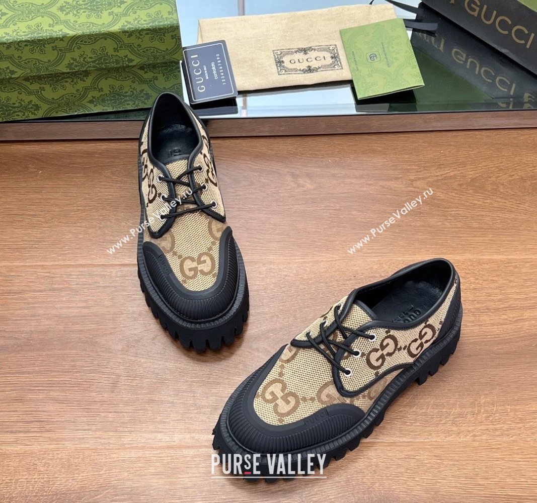 Gucci Lace-up Loafers in Leather and Maxi GG Canvas Camel 2024 0814 (SS-240814080)