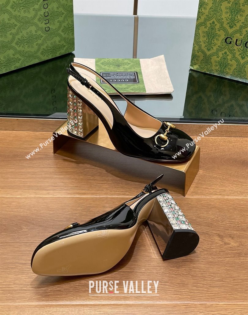 Gucci Patent Leather Horsebit Slingback Pumps 9.5cm with Strass Heel Black 2024 (MD-240906038)