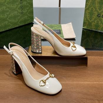 Gucci Patent Leather Horsebit Slingback Pumps 9.5cm with Strass Heel White 2024 (MD-240906039)