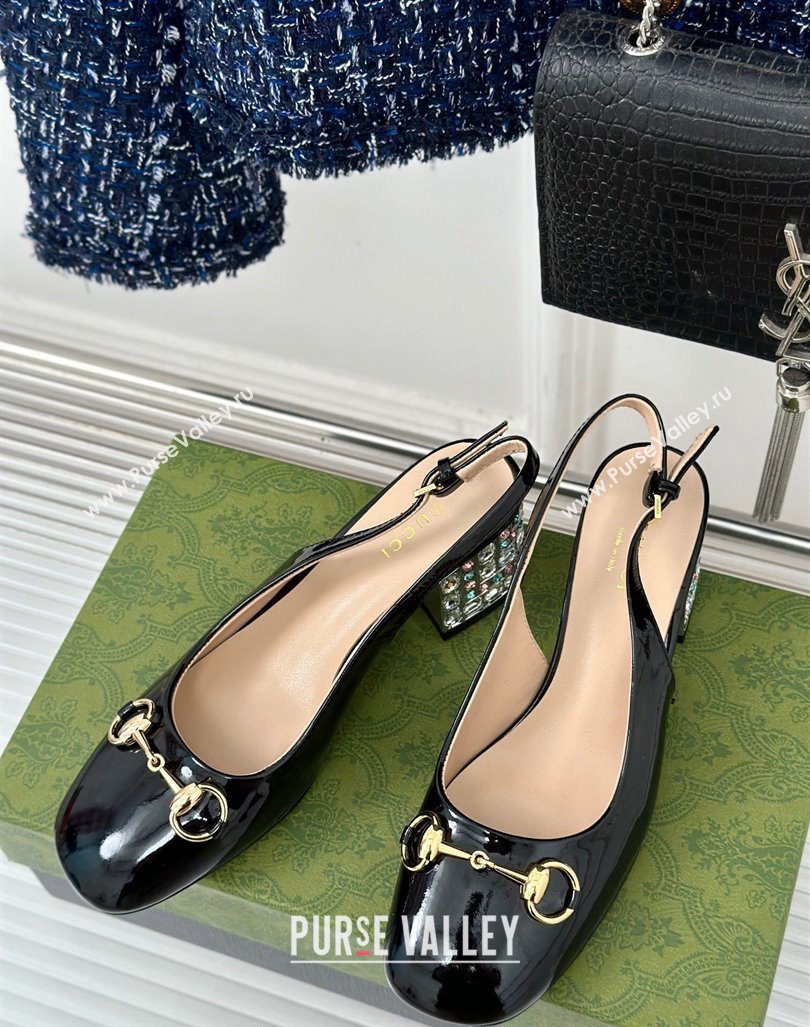 Gucci Patent Leather Horsebit Slingback Pumps 6.5cm with Strass Heel Black 2024 (MD-240906044)