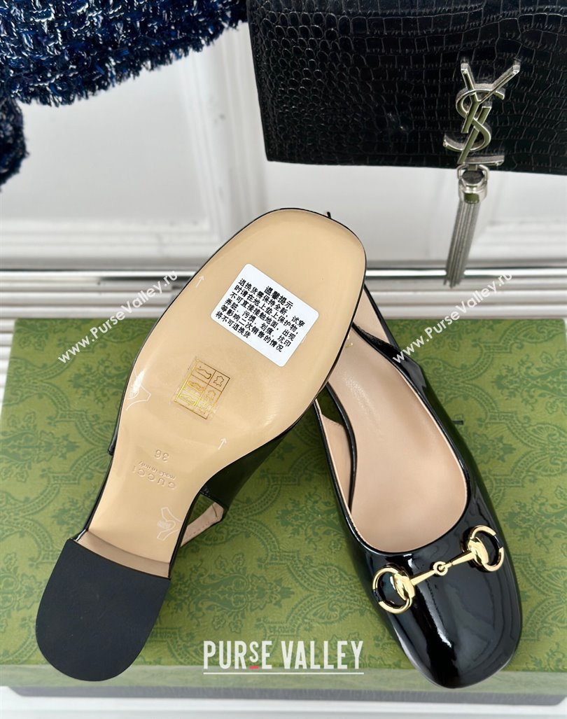 Gucci Patent Leather Horsebit Slingback Pumps 6.5cm with Strass Heel Black 2024 (MD-240906044)