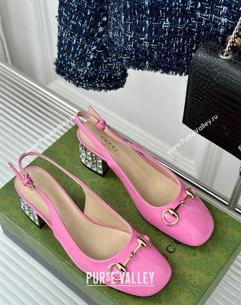 Gucci Patent Leather Horsebit Slingback Pumps 6.5cm with Strass Heel Pink 2024 (MD-240906045)