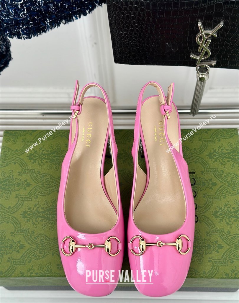 Gucci Patent Leather Horsebit Slingback Pumps 6.5cm with Strass Heel Pink 2024 (MD-240906045)