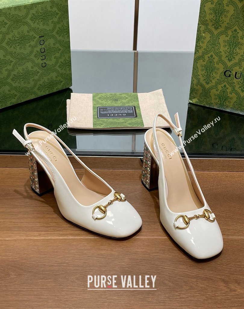 Gucci Patent Leather Horsebit Slingback Pumps 9.5cm with Strass Heel White 2024 (MD-240906039)