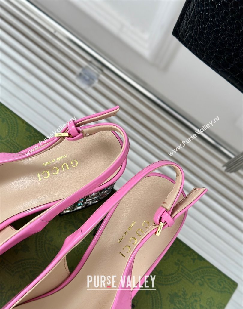 Gucci Patent Leather Horsebit Slingback Pumps 6.5cm with Strass Heel Pink 2024 (MD-240906045)