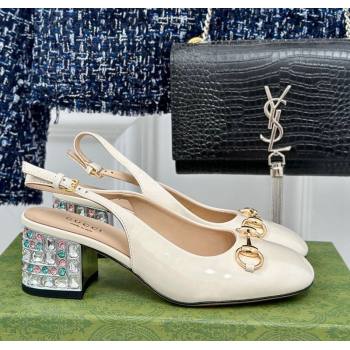 Gucci Patent Leather Horsebit Slingback Pumps 6.5cm with Strass Heel White 2024 (MD-240906046)