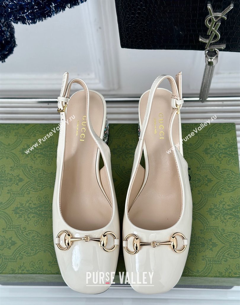 Gucci Patent Leather Horsebit Slingback Pumps 6.5cm with Strass Heel White 2024 (MD-240906046)