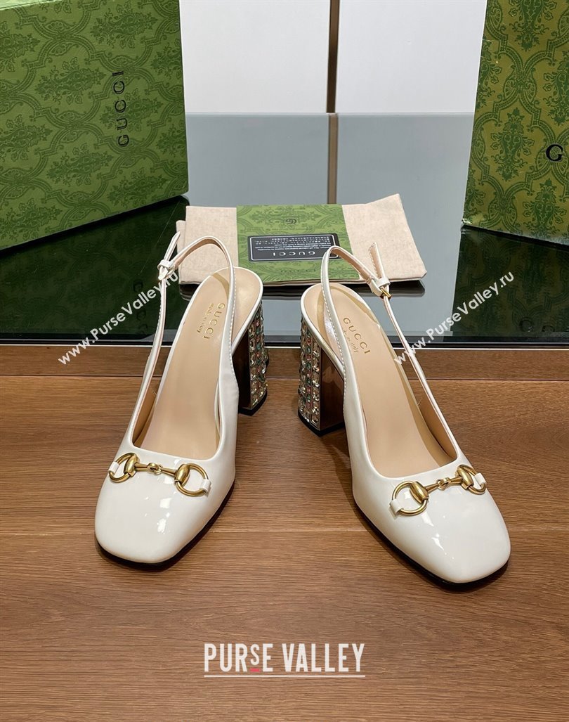 Gucci Patent Leather Horsebit Slingback Pumps 9.5cm with Strass Heel White 2024 (MD-240906039)