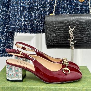 Gucci Patent Leather Horsebit Slingback Pumps 6.5cm with Strass Heel Burgundy 2024 (MD-240906047)