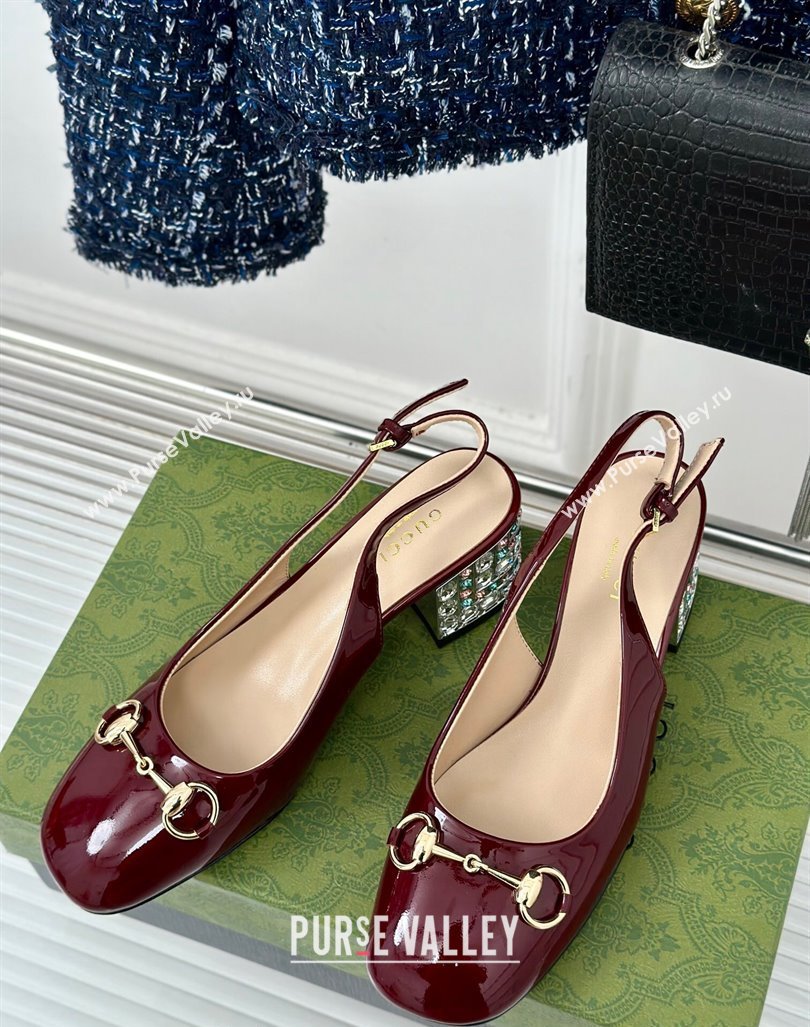 Gucci Patent Leather Horsebit Slingback Pumps 6.5cm with Strass Heel Burgundy 2024 (MD-240906047)