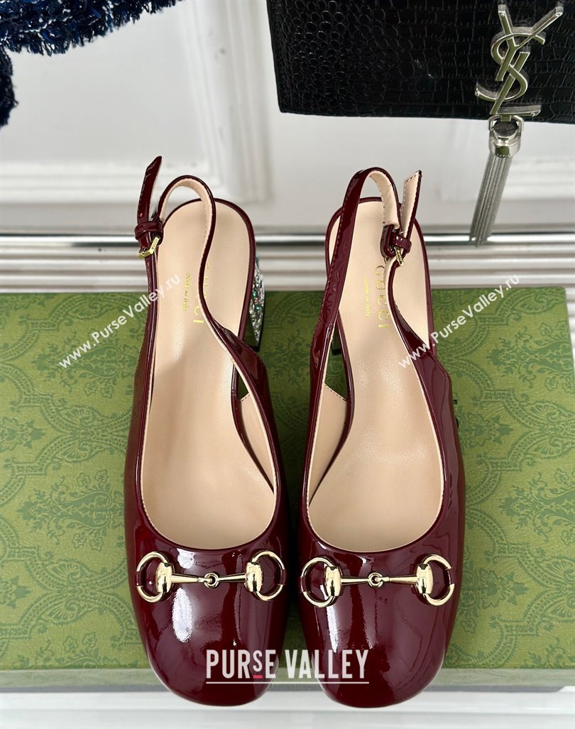 Gucci Patent Leather Horsebit Slingback Pumps 6.5cm with Strass Heel Burgundy 2024 (MD-240906047)