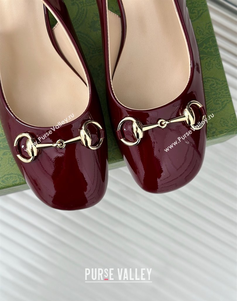 Gucci Patent Leather Horsebit Slingback Pumps 6.5cm with Strass Heel Burgundy 2024 (MD-240906047)