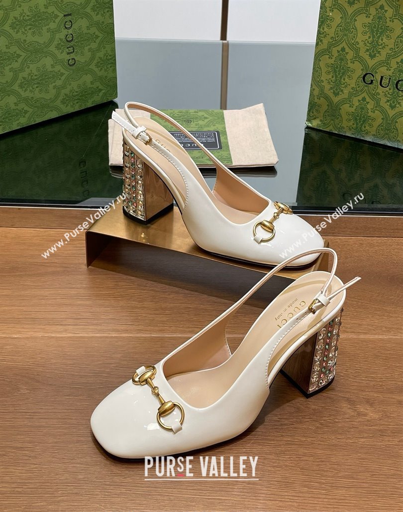 Gucci Patent Leather Horsebit Slingback Pumps 9.5cm with Strass Heel White 2024 (MD-240906039)