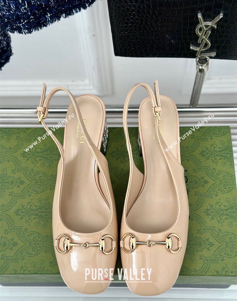 Gucci Patent Leather Horsebit Slingback Pumps 6.5cm with Strass Heel Beige 2024 (MD-240906048)