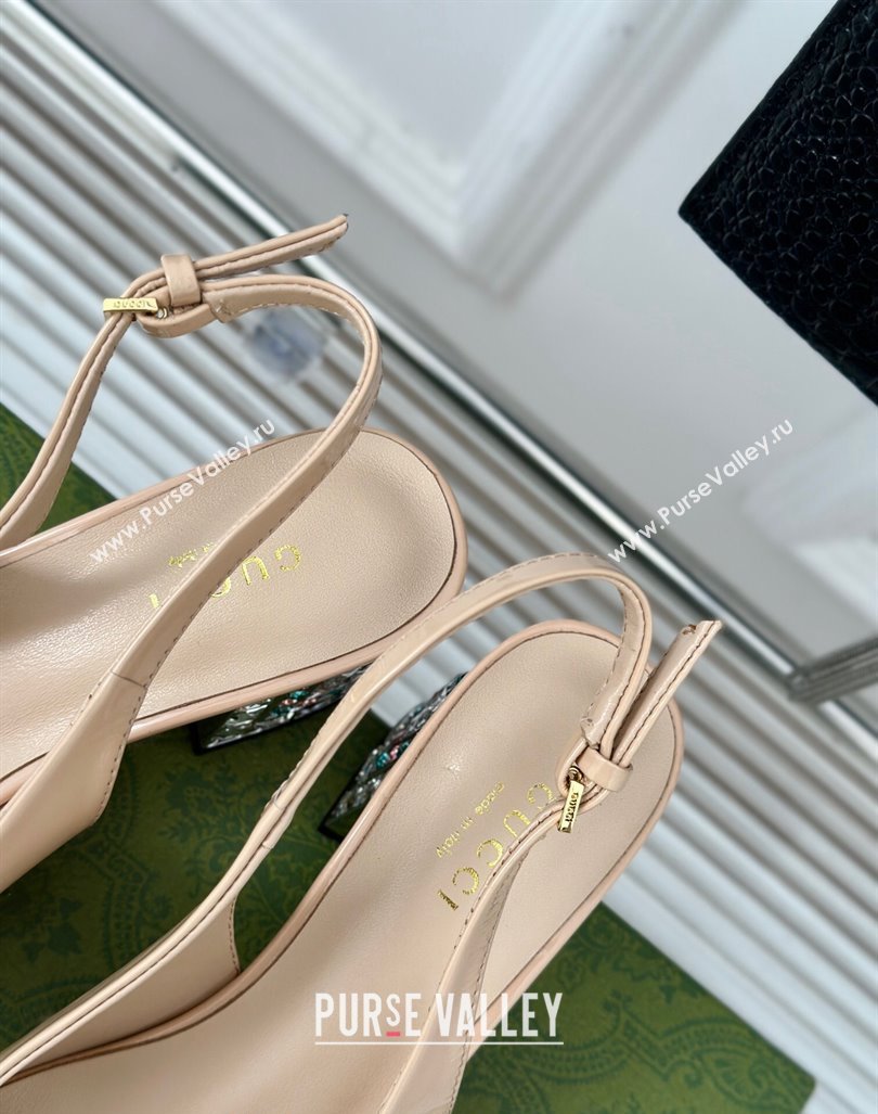 Gucci Patent Leather Horsebit Slingback Pumps 6.5cm with Strass Heel Beige 2024 (MD-240906048)