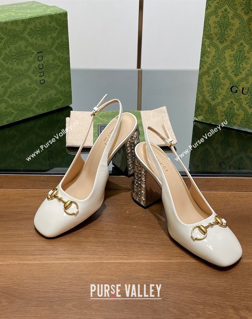 Gucci Patent Leather Horsebit Slingback Pumps 9.5cm with Strass Heel White 2024 (MD-240906039)