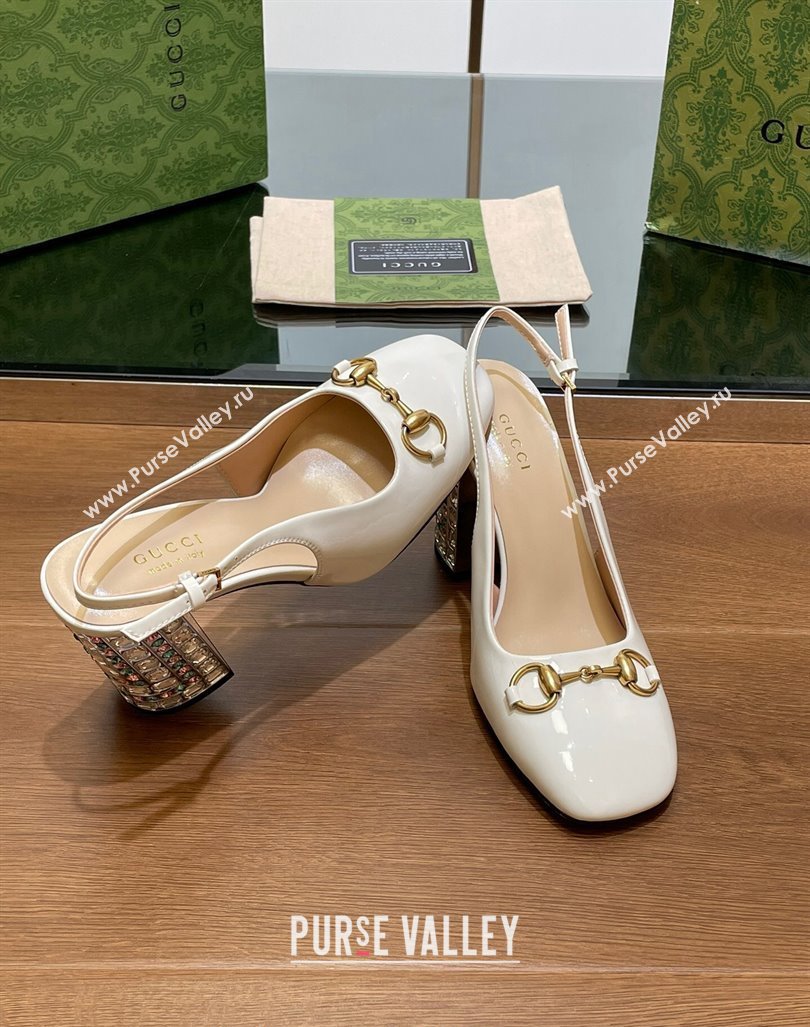 Gucci Patent Leather Horsebit Slingback Pumps 9.5cm with Strass Heel White 2024 (MD-240906039)