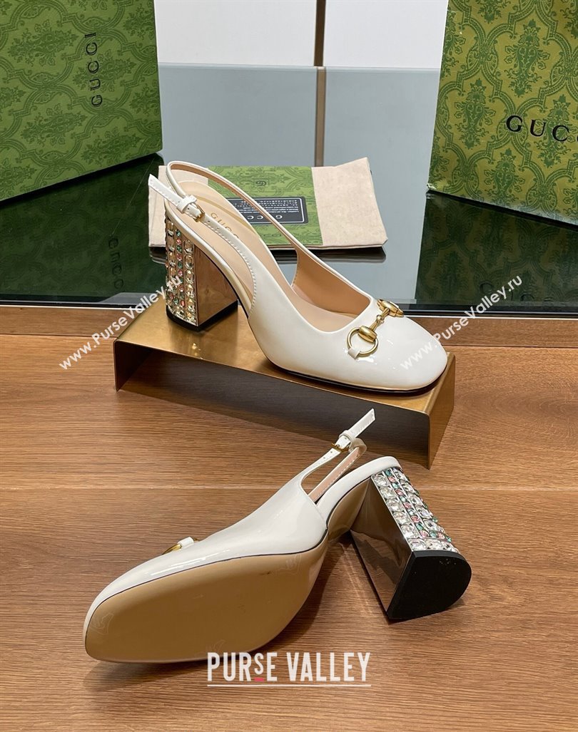 Gucci Patent Leather Horsebit Slingback Pumps 9.5cm with Strass Heel White 2024 (MD-240906039)