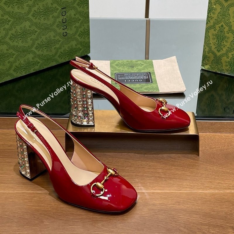 Gucci Patent Leather Horsebit Slingback Pumps 9.5cm with Strass Heel Red 2024 (MD-240906040)