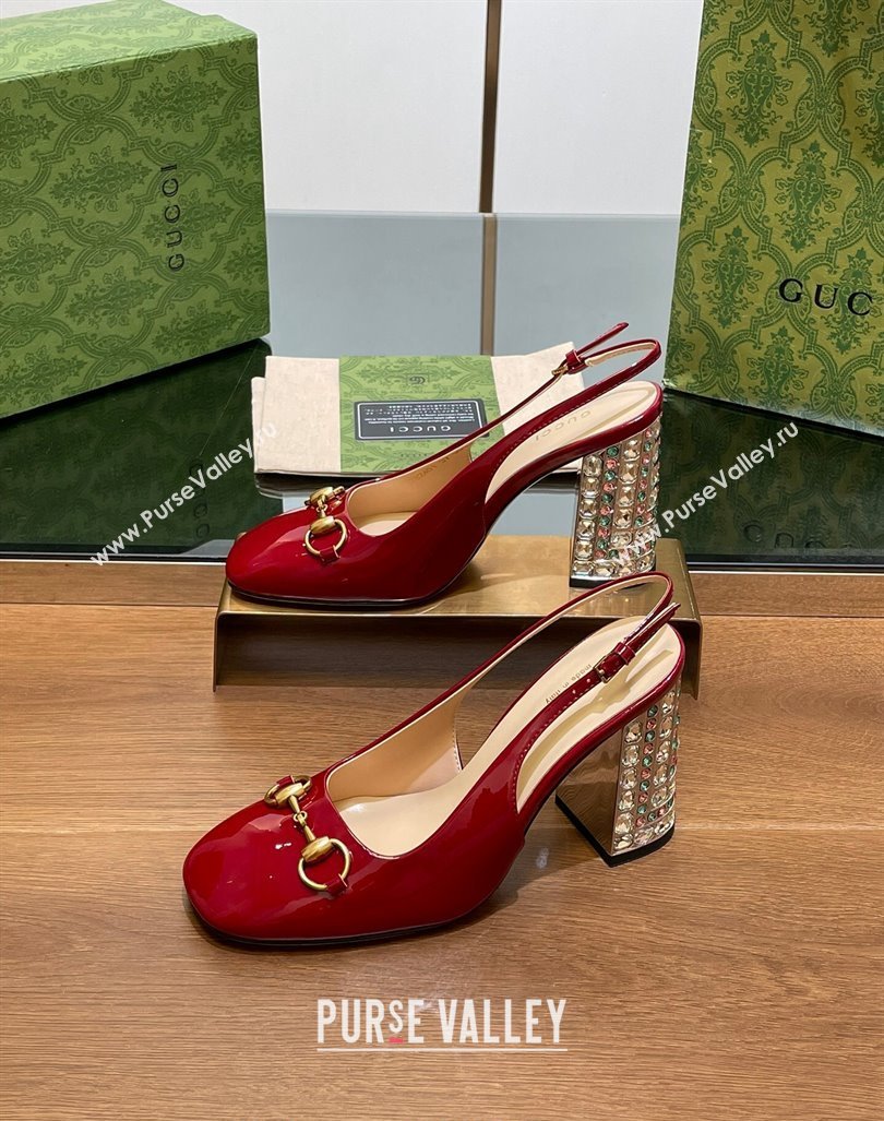 Gucci Patent Leather Horsebit Slingback Pumps 9.5cm with Strass Heel Red 2024 (MD-240906040)