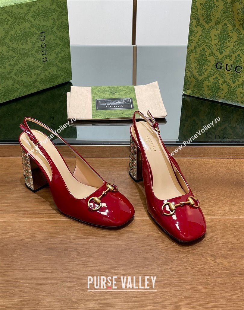 Gucci Patent Leather Horsebit Slingback Pumps 9.5cm with Strass Heel Red 2024 (MD-240906040)