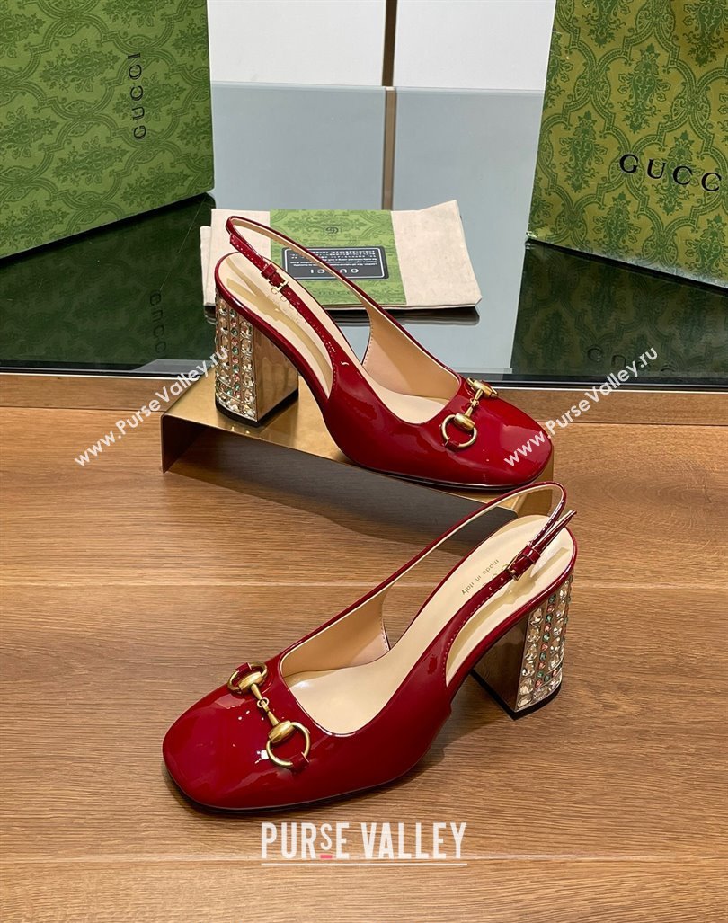 Gucci Patent Leather Horsebit Slingback Pumps 9.5cm with Strass Heel Red 2024 (MD-240906040)