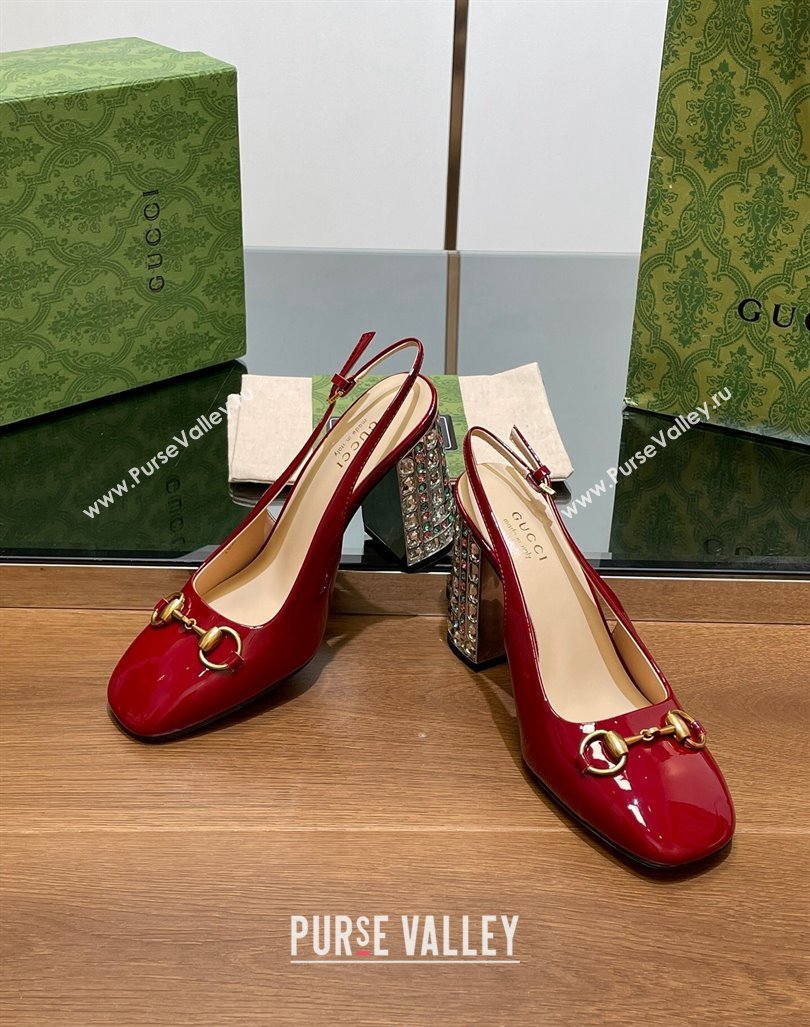 Gucci Patent Leather Horsebit Slingback Pumps 9.5cm with Strass Heel Red 2024 (MD-240906040)