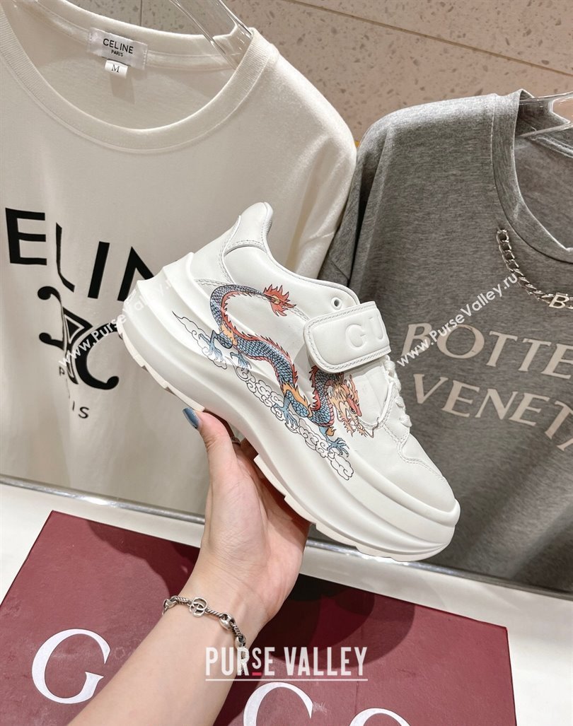 Gucci Wave Wedge Sneakers 6.3cm in White Leather with Chinese Dragon Print 2024 (MD-240906005)