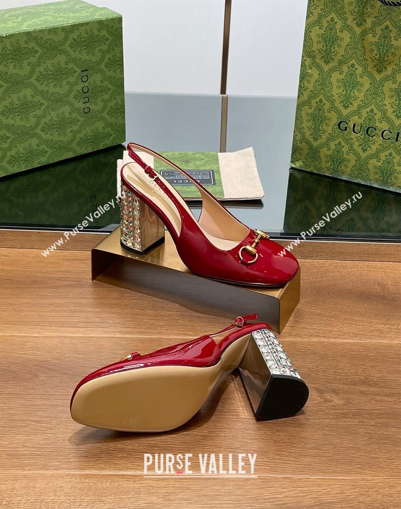 Gucci Patent Leather Horsebit Slingback Pumps 9.5cm with Strass Heel Red 2024 (MD-240906040)