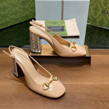 Gucci Patent Leather Horsebit Slingback Pumps 9.5cm with Strass Heel Beige 2024 (MD-240906041)