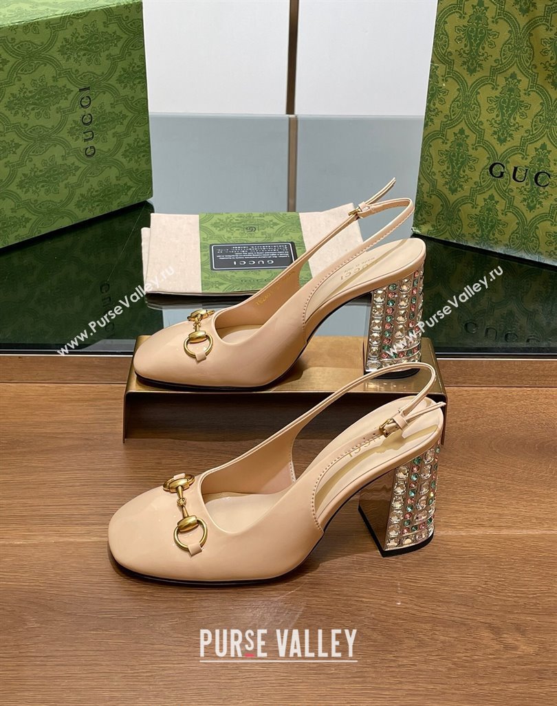 Gucci Patent Leather Horsebit Slingback Pumps 9.5cm with Strass Heel Beige 2024 (MD-240906041)