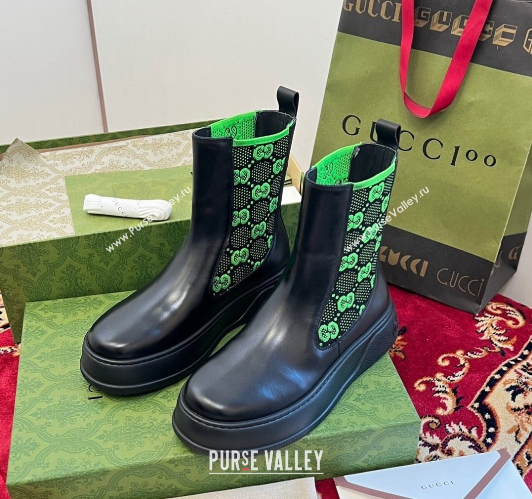 Gucci GG Knit and Leather Platform Ankle Boots 4.5cm Black/Green 2024 GG090603 (MD-240906030)