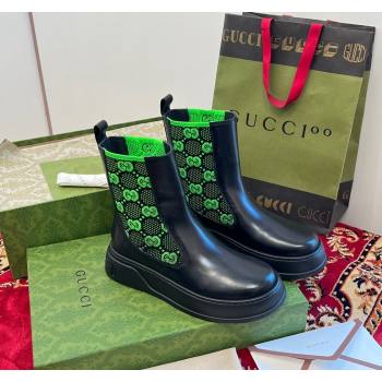 Gucci GG Knit and Leather Platform Ankle Boots 4.5cm Black/Green 2024 GG090603 (MD-240906030)