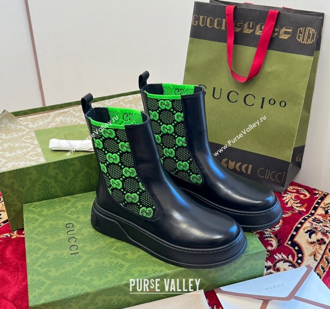 Gucci GG Knit and Leather Platform Ankle Boots 4.5cm Black/Green 2024 GG090603 (MD-240906030)