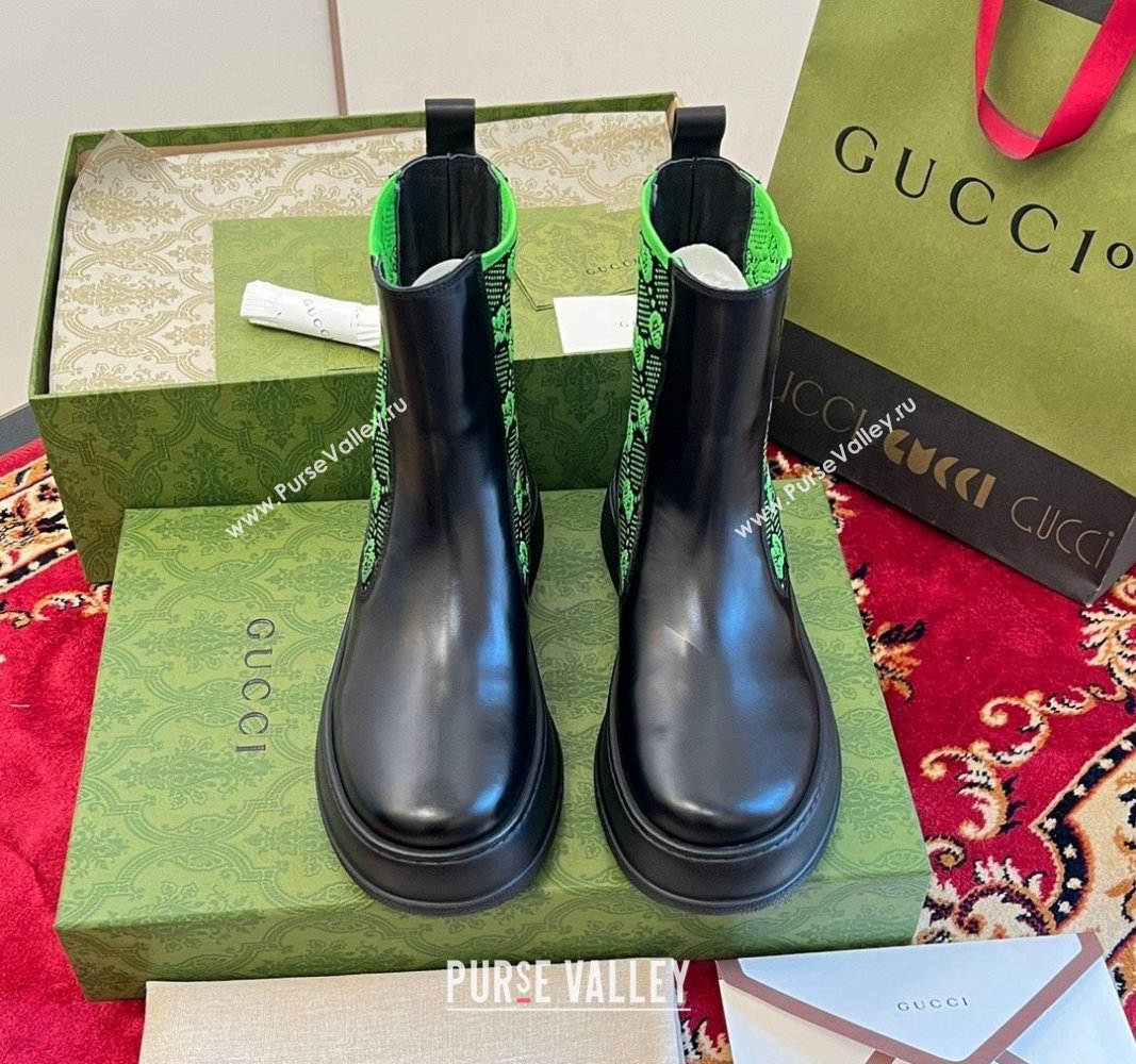 Gucci GG Knit and Leather Platform Ankle Boots 4.5cm Black/Green 2024 GG090603 (MD-240906030)