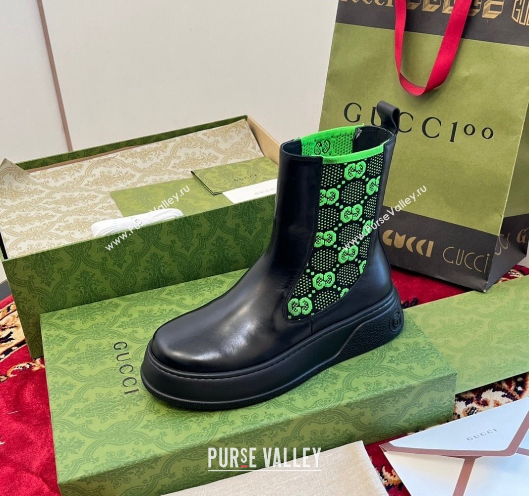 Gucci GG Knit and Leather Platform Ankle Boots 4.5cm Black/Green 2024 GG090603 (MD-240906030)