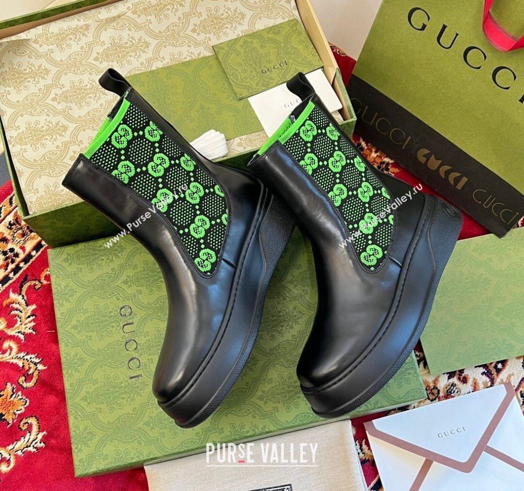 Gucci GG Knit and Leather Platform Ankle Boots 4.5cm Black/Green 2024 GG090603 (MD-240906030)