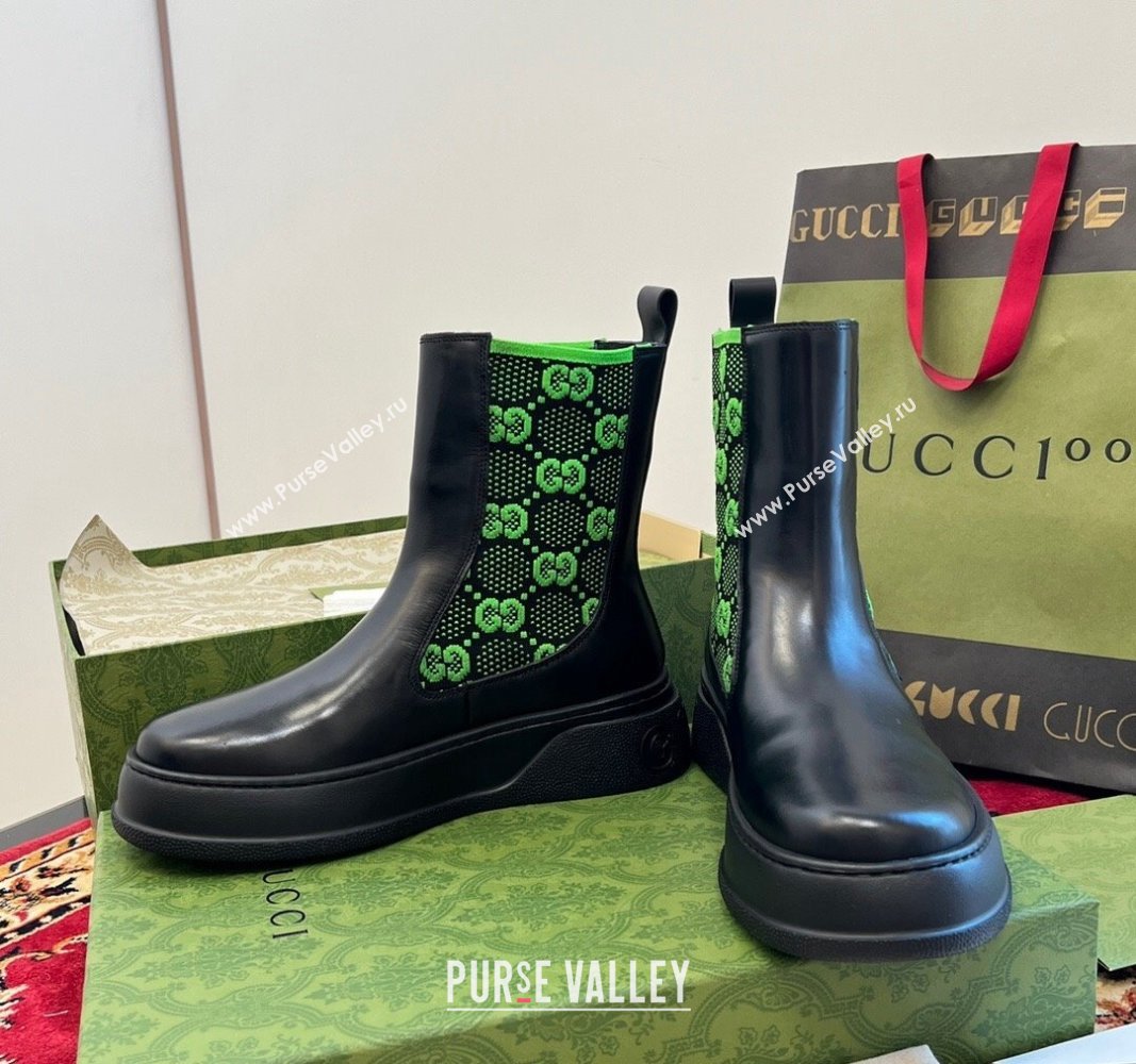 Gucci GG Knit and Leather Platform Ankle Boots 4.5cm Black/Green 2024 GG090603 (MD-240906030)