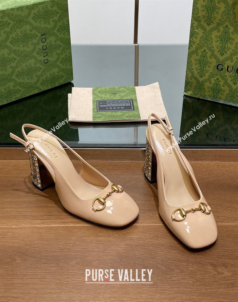 Gucci Patent Leather Horsebit Slingback Pumps 9.5cm with Strass Heel Beige 2024 (MD-240906041)