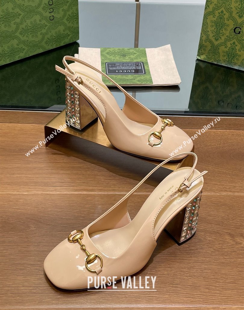 Gucci Patent Leather Horsebit Slingback Pumps 9.5cm with Strass Heel Beige 2024 (MD-240906041)