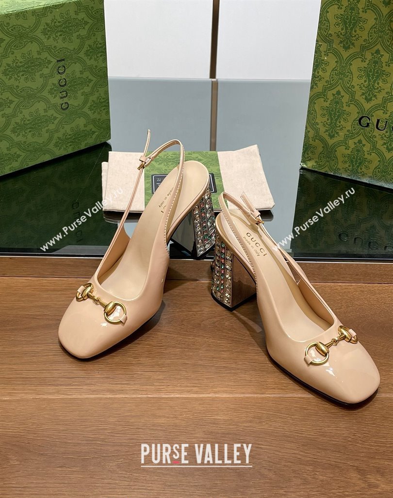 Gucci Patent Leather Horsebit Slingback Pumps 9.5cm with Strass Heel Beige 2024 (MD-240906041)