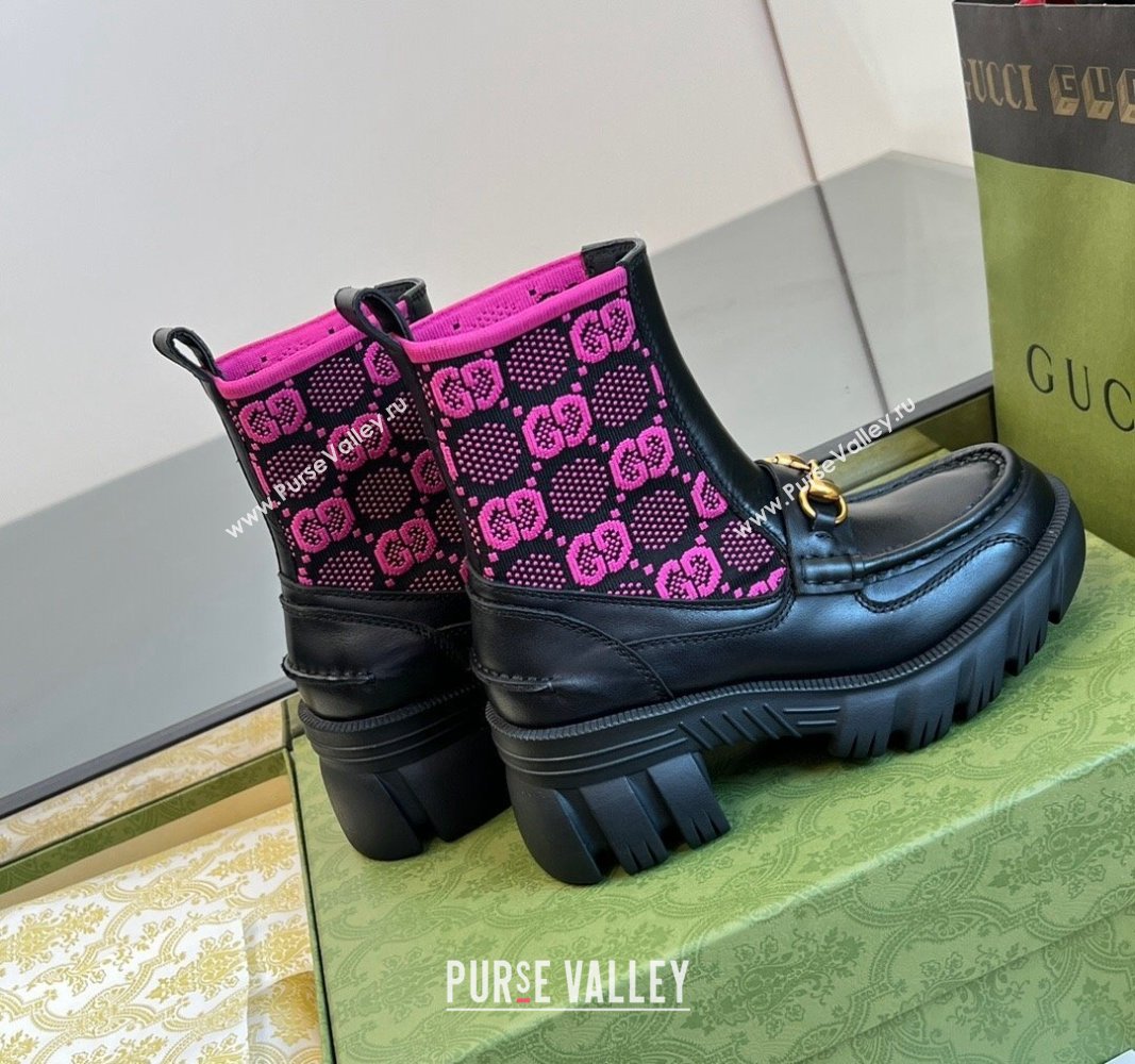 Gucci Horsebit Platform Ankle Boots in GG Knit and Leather 6cm Black/Pink 2024 GG090604 (MD-240906033)