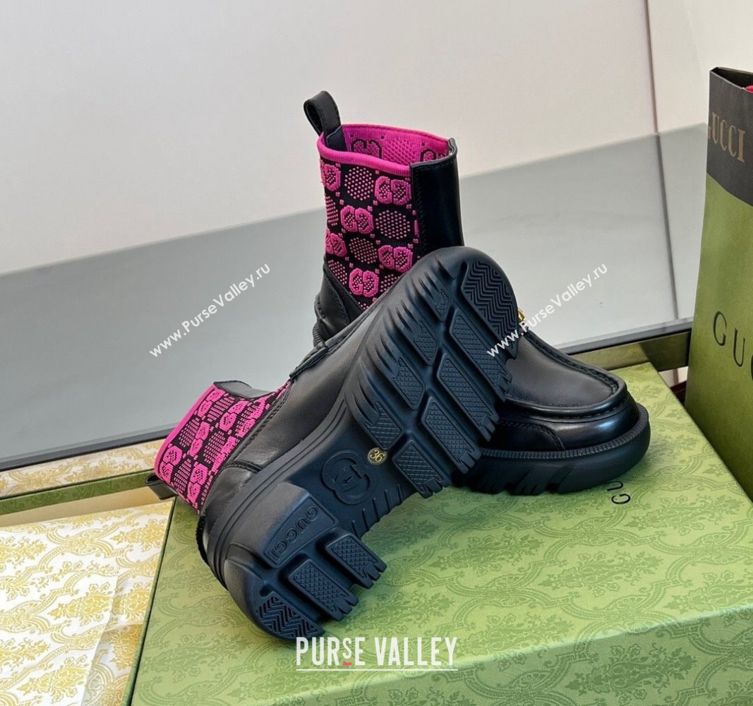 Gucci Horsebit Platform Ankle Boots in GG Knit and Leather 6cm Black/Pink 2024 GG090604 (MD-240906033)