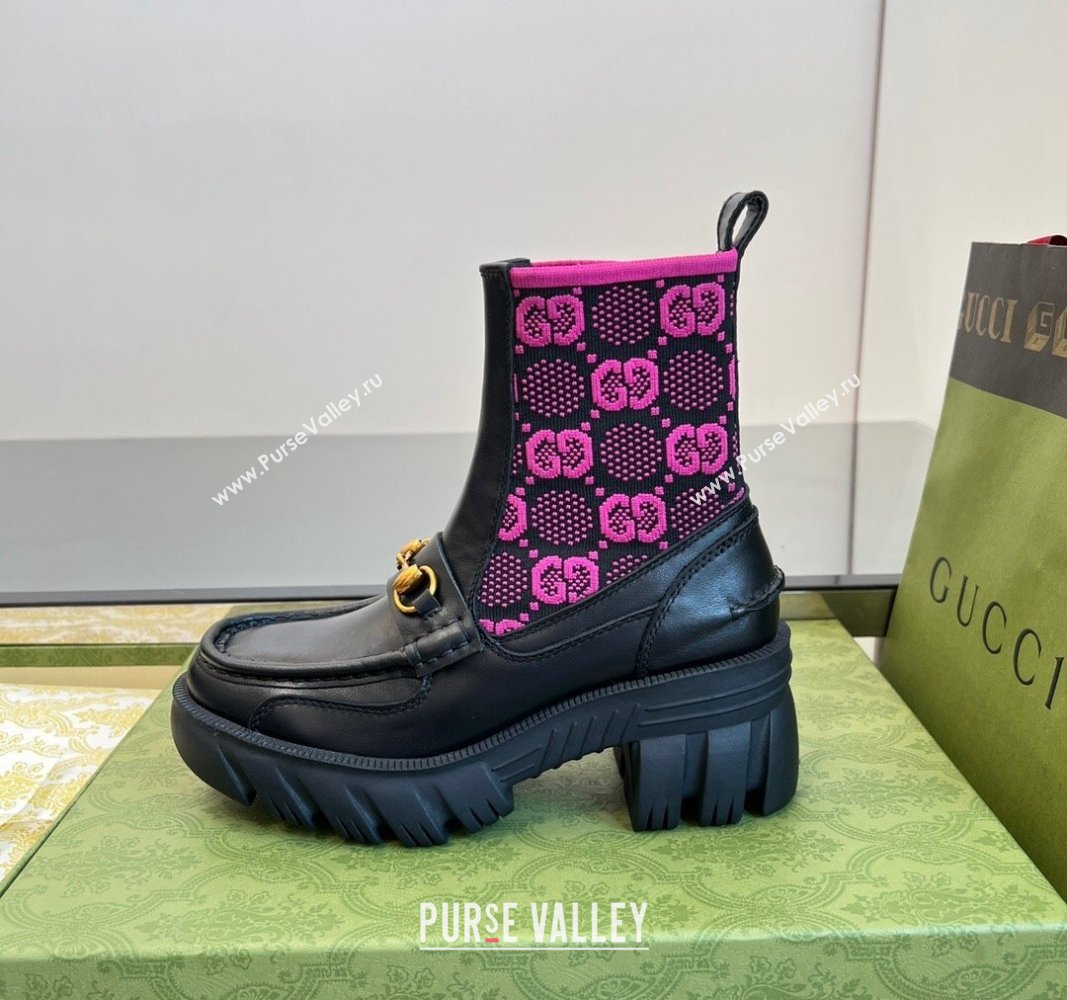 Gucci Horsebit Platform Ankle Boots in GG Knit and Leather 6cm Black/Pink 2024 GG090604 (MD-240906033)