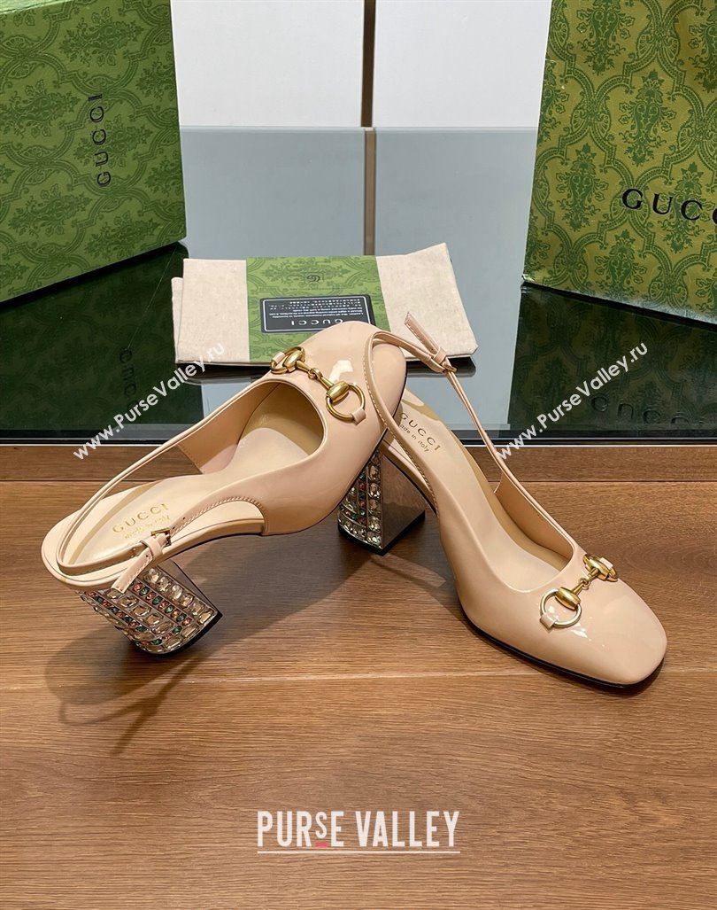 Gucci Patent Leather Horsebit Slingback Pumps 9.5cm with Strass Heel Beige 2024 (MD-240906041)