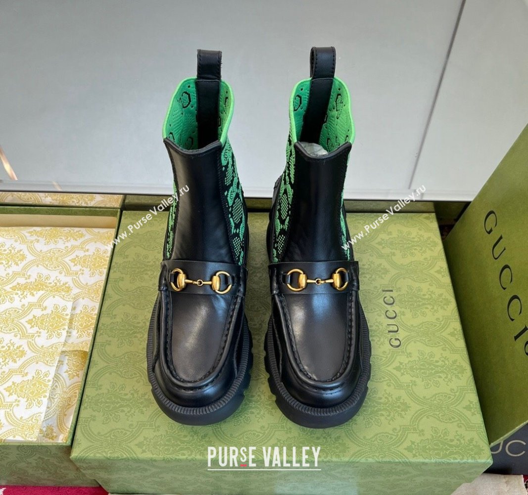 Gucci Horsebit Platform Ankle Boots in GG Knit and Leather 6cm Black/Green 2024 GG090604 (MD-240906034)