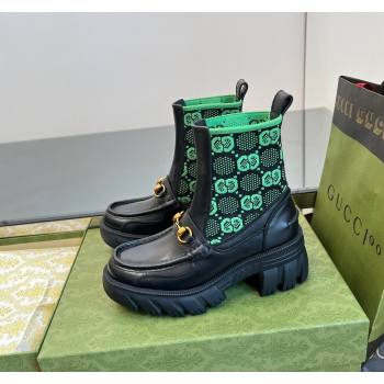 Gucci Horsebit Platform Ankle Boots in GG Knit and Leather 6cm Black/Green 2024 GG090604 (MD-240906034)