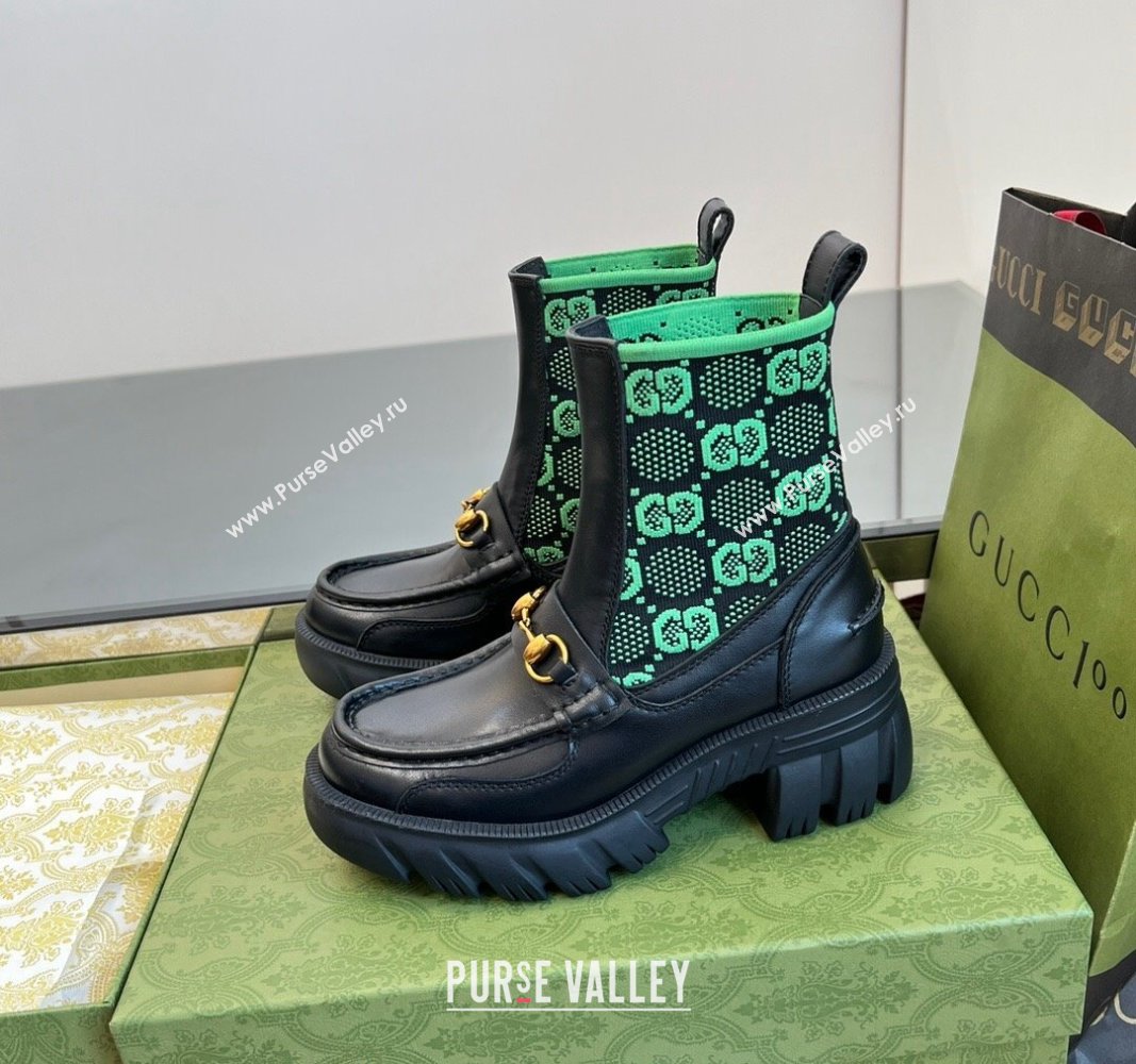 Gucci Horsebit Platform Ankle Boots in GG Knit and Leather 6cm Black/Green 2024 GG090604 (MD-240906034)