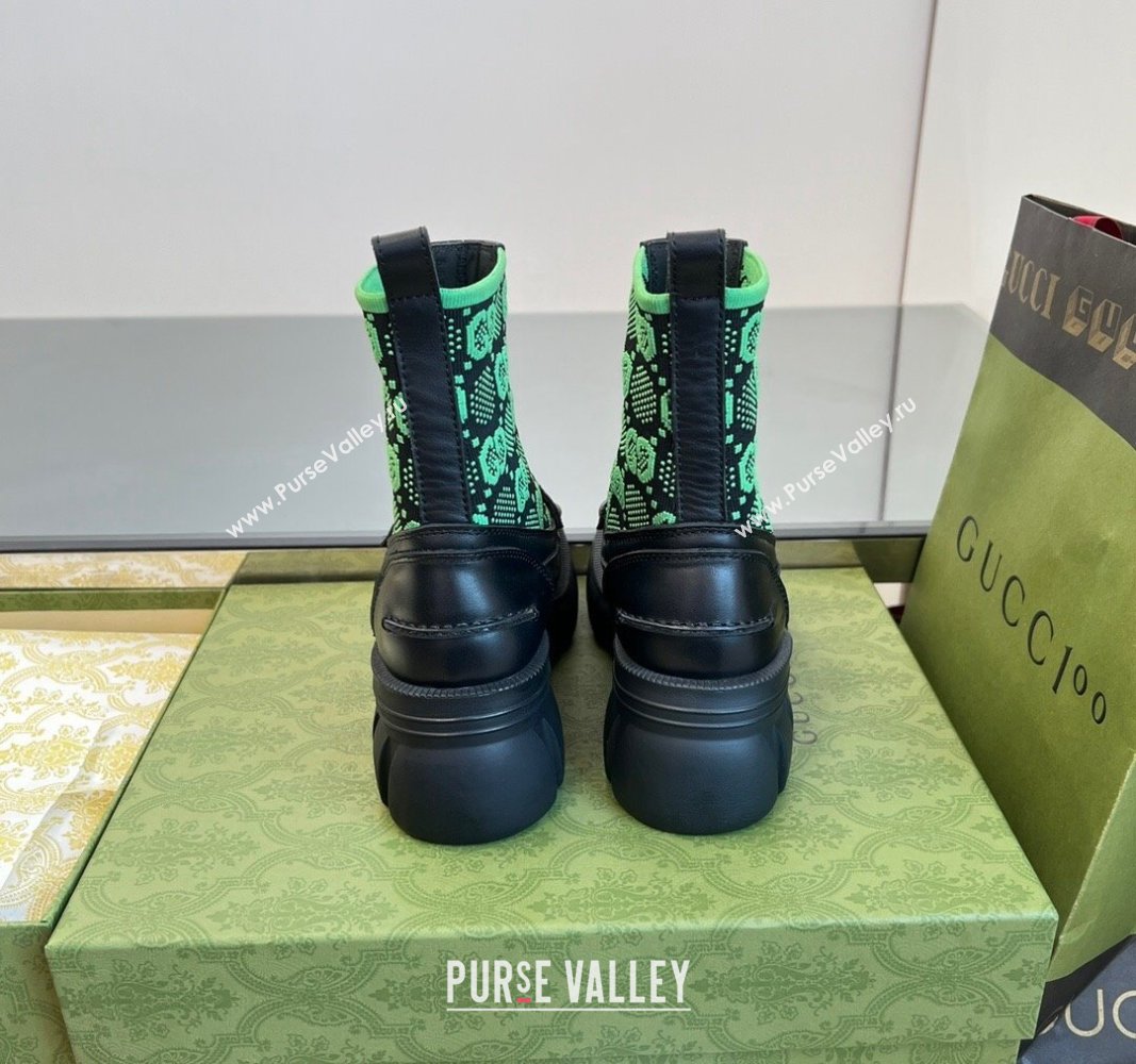 Gucci Horsebit Platform Ankle Boots in GG Knit and Leather 6cm Black/Green 2024 GG090604 (MD-240906034)